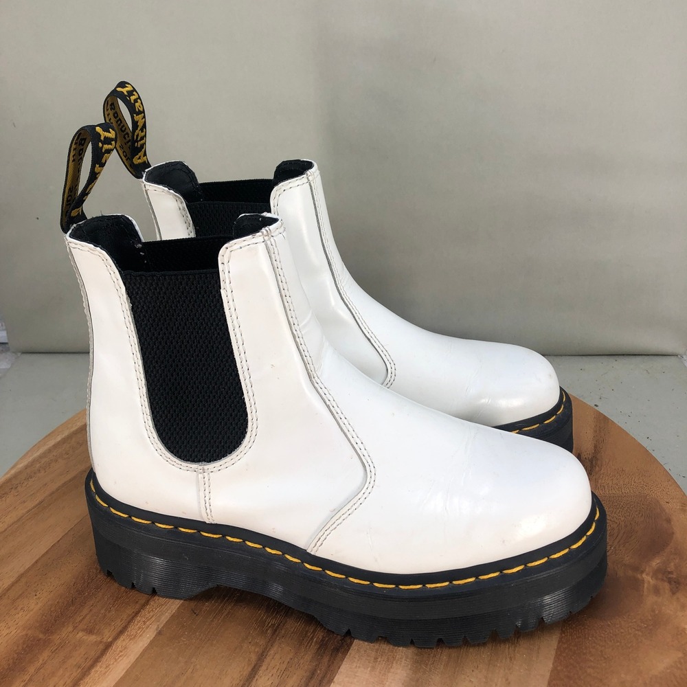 Dr Martens 2976 Quad White Leather Platform Chelsea Combat Boots Womens 9 Mens 8